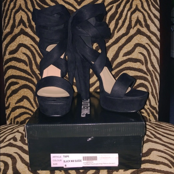 TRIA BLACK FAUX SUEDE WRAP PLATFORM SANDALS - Picture 5 of 8